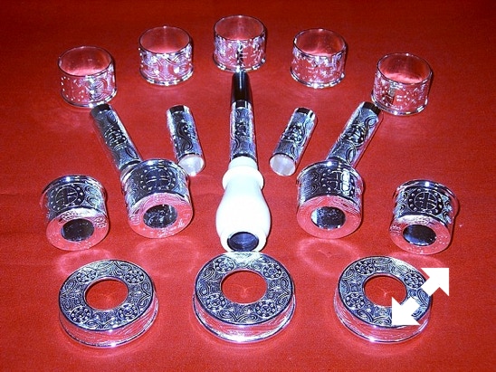 Bagpipe half-mounted sets which consist of 17 pieces in polished brass, heavy quality silver/gold plate or fully hall-marked Sterling Silver.